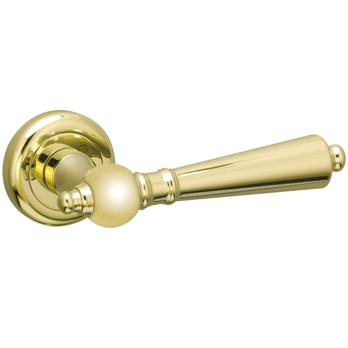 Złoty uchwyt drzwiowy z okrągłą podstawą i wydłużoną rączką.