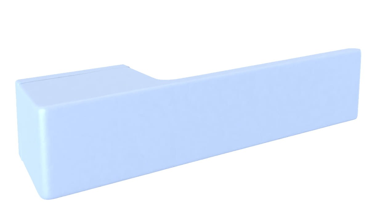 Niebieski, prostokątny obiekt o gładkiej powierzchni, z wycięciem na jednym końcu.