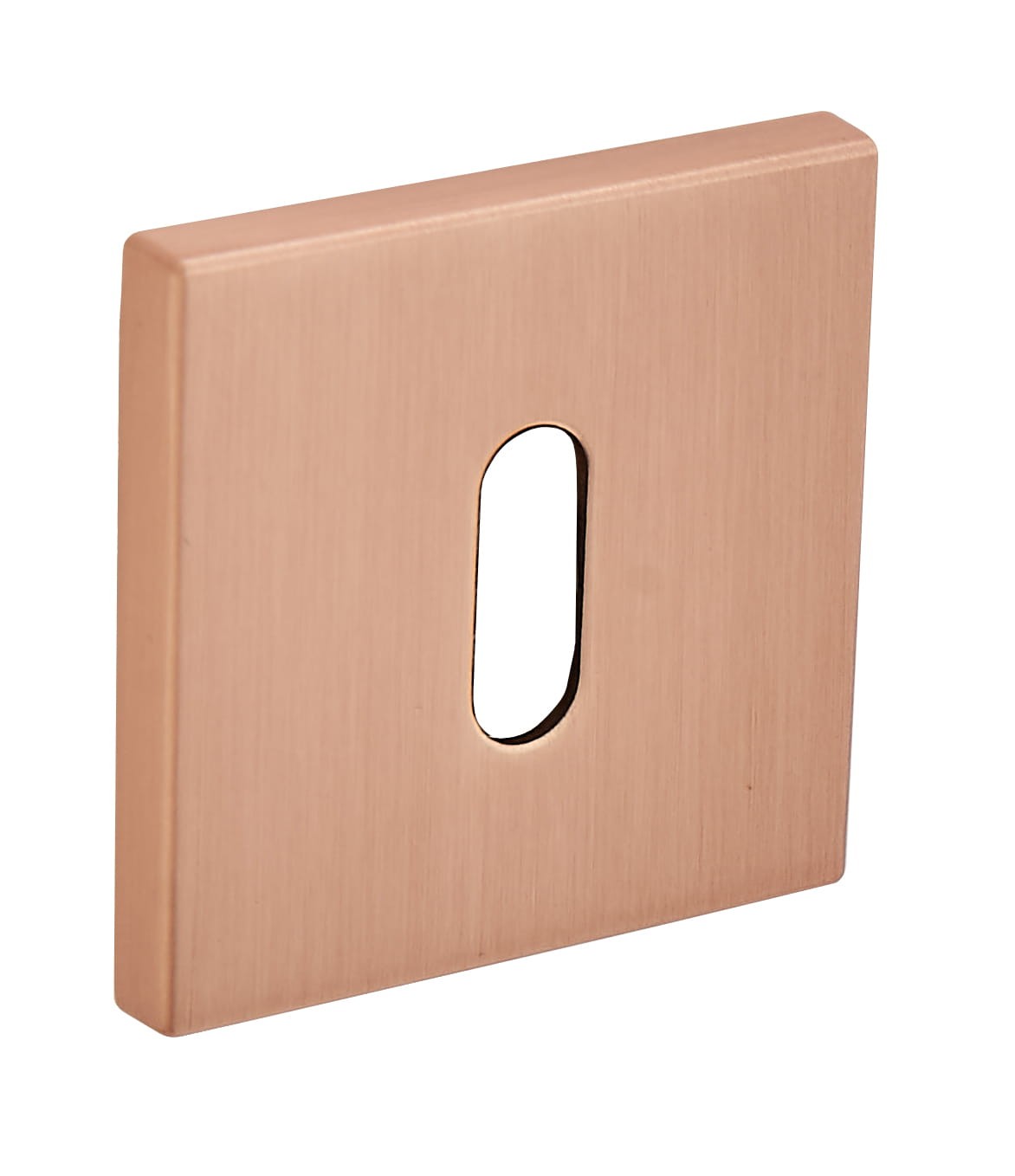 Kwadratowy, metalowy przycisk w kolorze miedzi z prostokątnym otworem w środku.