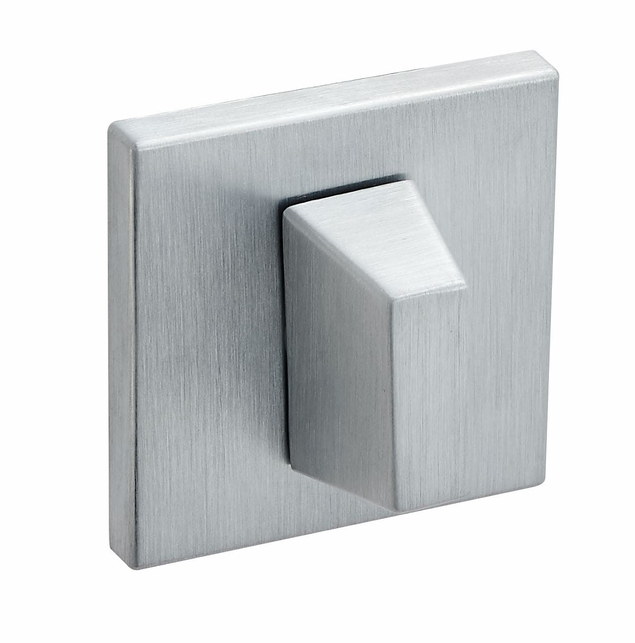 Srebrny, kwadratowy włącznik światła z prostokątnym przyciskiem.