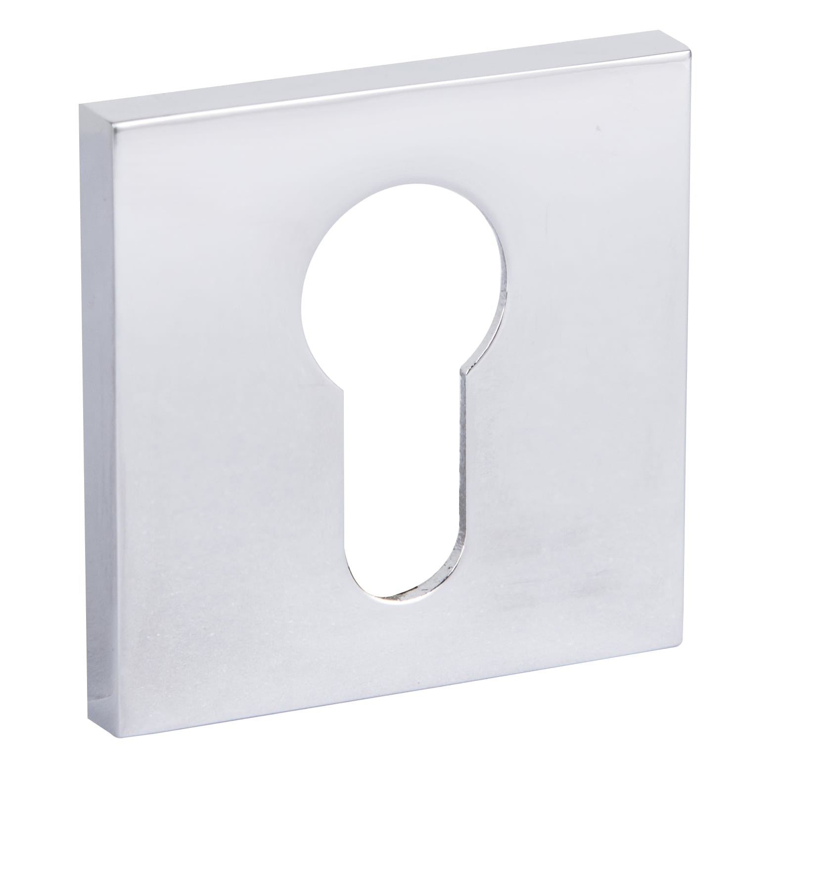 Metalowa osłona zamka w kształcie prostokąta z otworem w kształcie klucza.