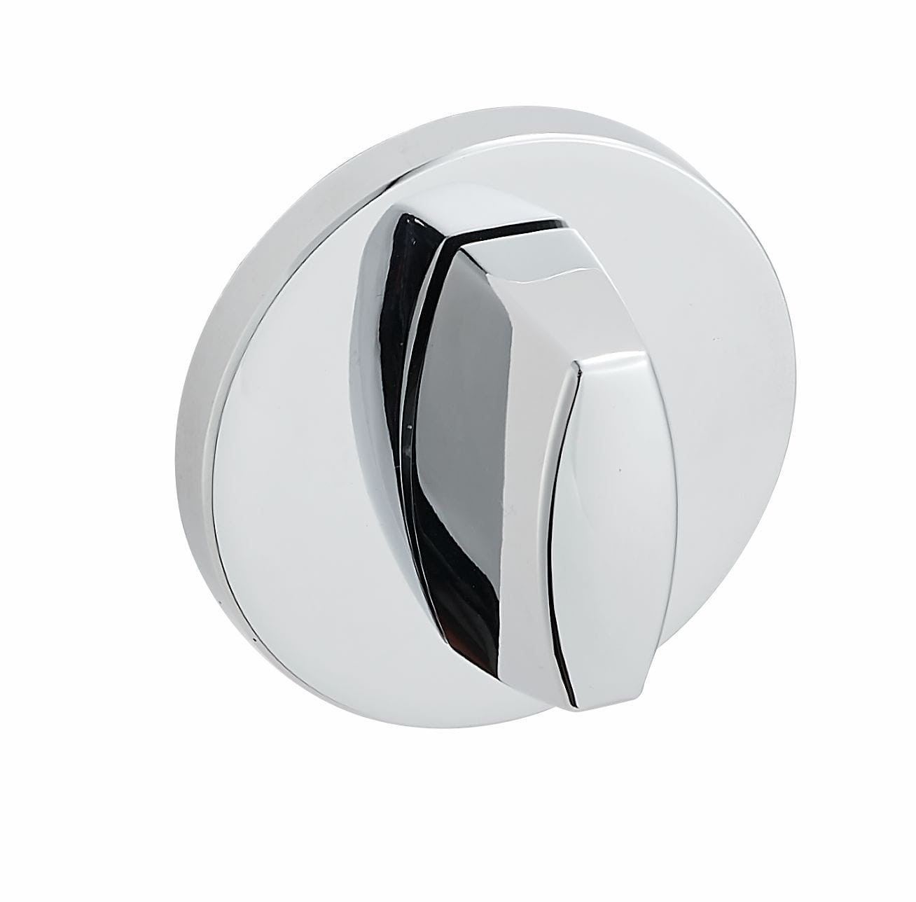 Chromowy przełącznik na okrągłej podstawie, służący do regulacji, np. w urządzeniach sanitarnych.