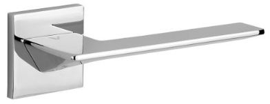 Nowoczesny, chromowany uchwyt drzwiowy o prostokątnym kształcie i minimalistycznym designie.