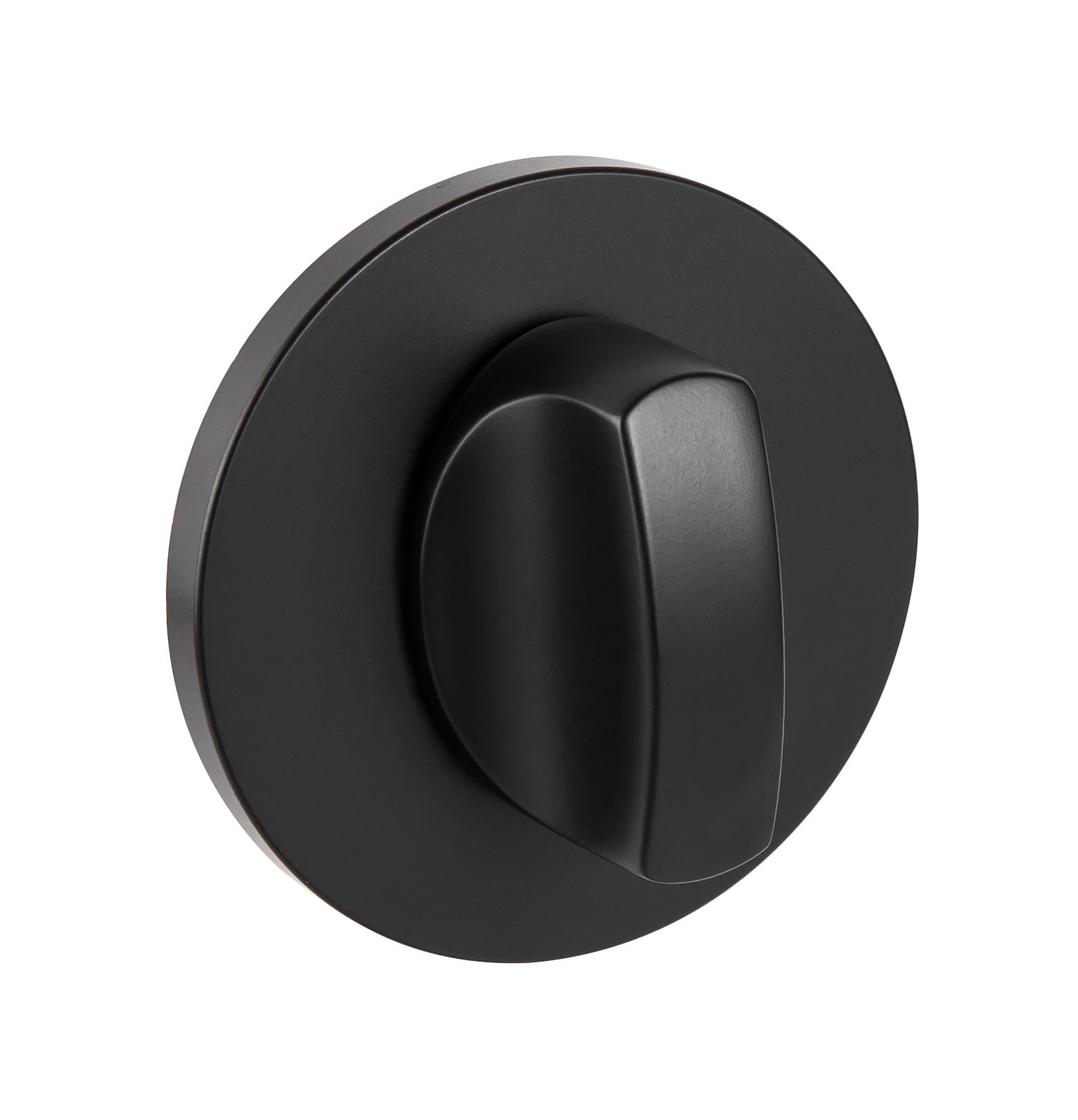 Czarny, okrągły pokrętło na ścianie, służące do regulacji lub włączania urządzenia.