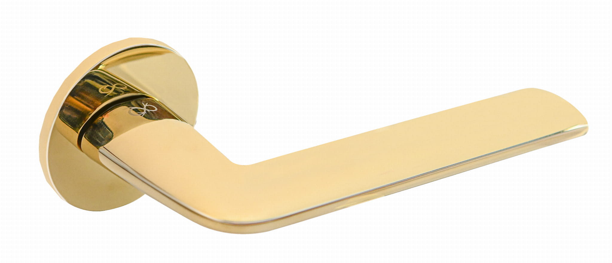 Złota klamka drzwiowa o nowoczesnym designie, z prostą, elegancką formą.