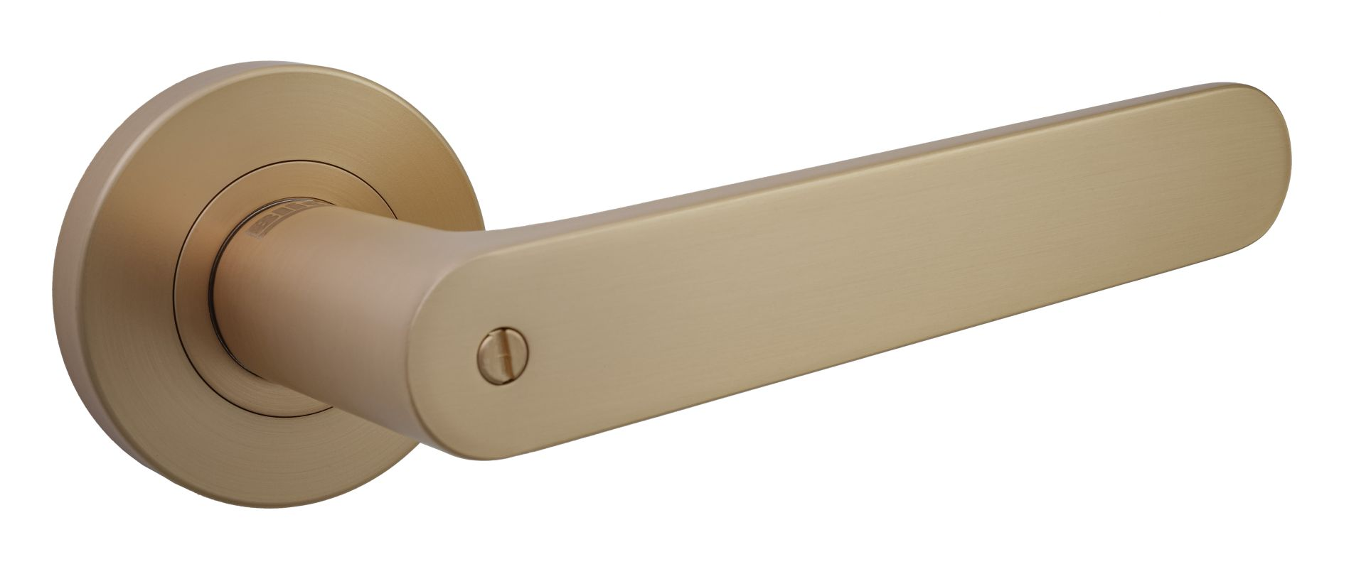 Złota klamka drzwiowa o nowoczesnym, minimalistycznym designie, z okrągłą podstawą.