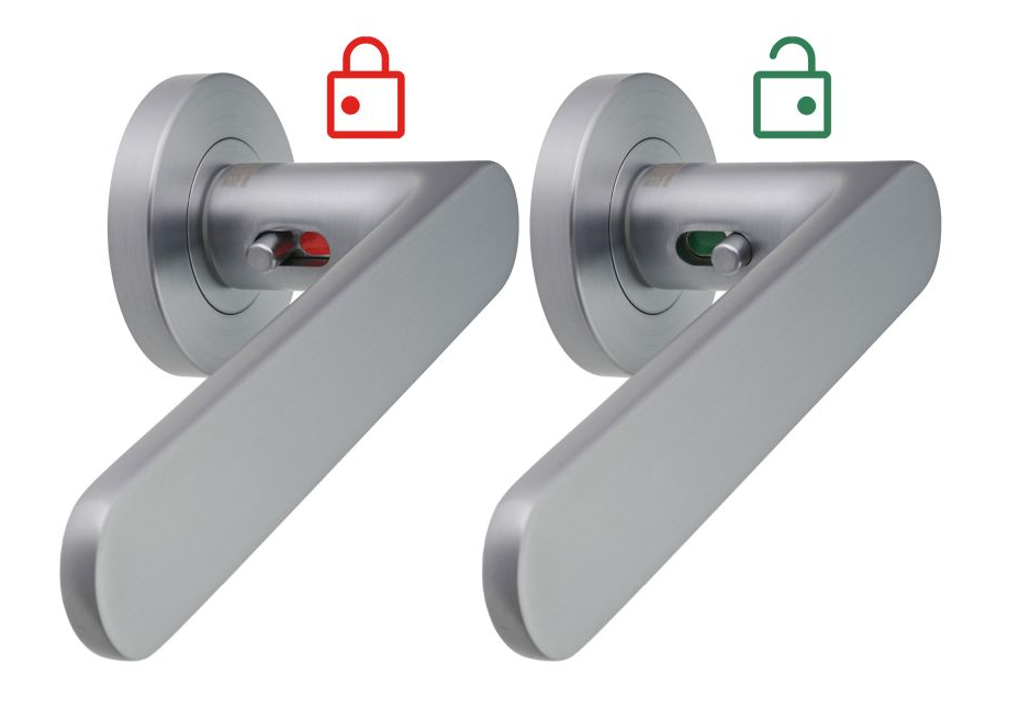 Nowoczesne klamki drzwiowe z oznaczeniami zamka: czerwony dla zablokowanego, zielony dla odblokowanego.