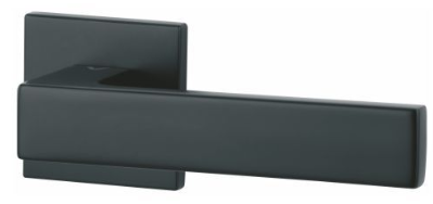 Czarny uchwyt drzwiowy o prostokątnym kształcie, minimalistyczny design.