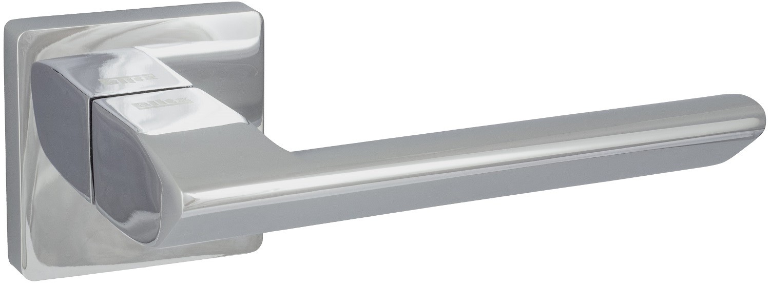 Nowoczesny, chromowany uchwyt drzwiowy o prostym, eleganckim kształcie.