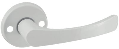 Biała klamka drzwiowa o prostym, nowoczesnym kształcie, zamocowana na okrągłej podstawie.