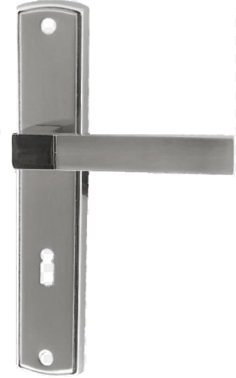 Metalowy zamek z klamką w kolorze srebrnym, montowany na drzwiach.