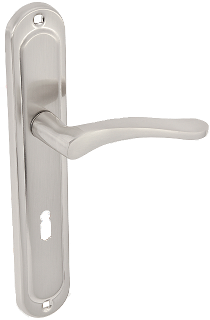 Srebrna klamka drzwiowa z prostym uchwytem i otworem na zamek.