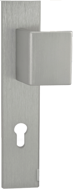 Metalowy zamek w kolorze srebrnym z prostokątną klamką i otworem na klucz.