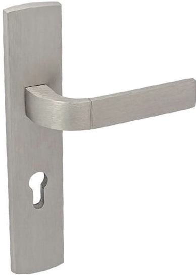 Srebrna klamka drzwiowa z prostym uchwytem i otworem na zamek.