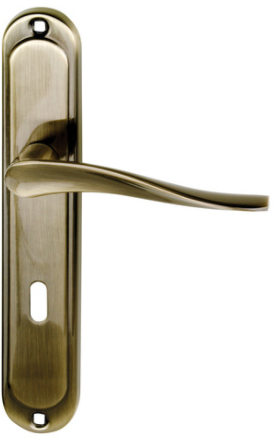 Złota klamka drzwiowa na prostokątnej płycie, z eleganckim, zaokrąglonym uchwytem.