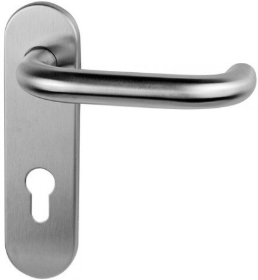 Srebrna klamka drzwiowa na prostokątnej płycie z otworem na zamek.