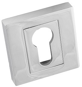 Metalowa osłona zamka w kształcie prostokąta z otworem na klucz.