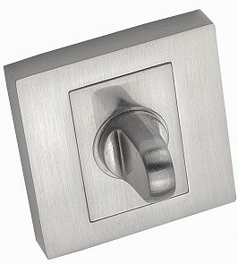 Metalowy włącznik światła w kwadratowej ramce, z okrągłym pokrętłem do regulacji.