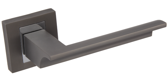 Nowoczesny uchwyt drzwiowy w ciemnym kolorze, z prostą, minimalistyczną formą.