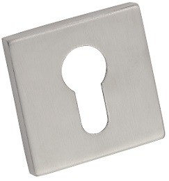 Metalowa osłona zamka w kształcie kwadratu z otworem w kształcie klucza.