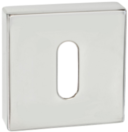 Metalowa osłona w kształcie kwadratu z otworem w środku, o lustrzanym wykończeniu.