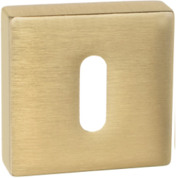 Kwadratowa, złota osłona z otworem w kształcie prostokąta, o matowej powierzchni.