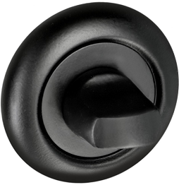 Czarny, okrągły pokrętło z wypustką, służące do regulacji lub włączania urządzenia.