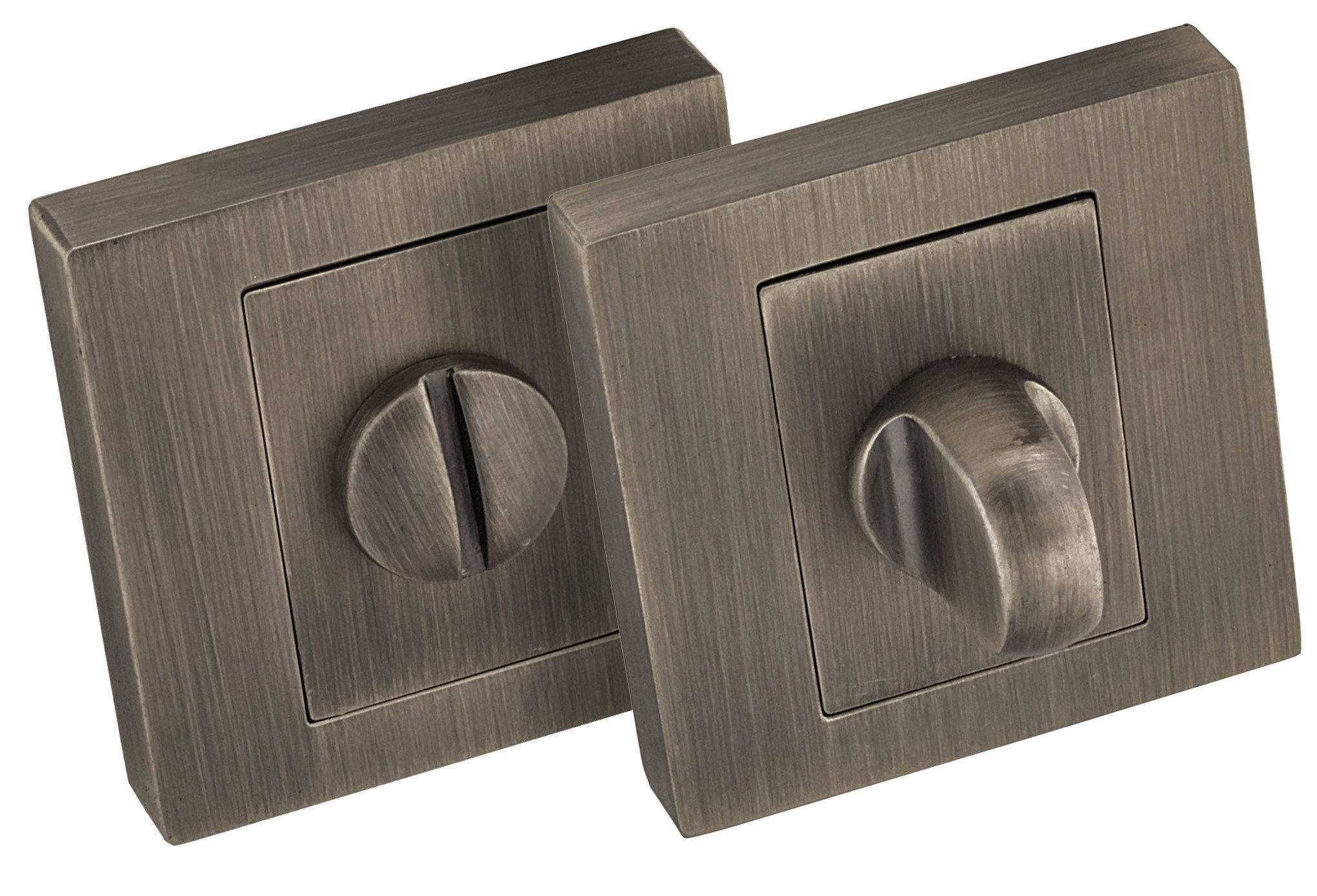 Dwa metalowe przełączniki w odcieniu szczotkowanego niklu, jeden z pokrętłem, drugi z wcięciem.