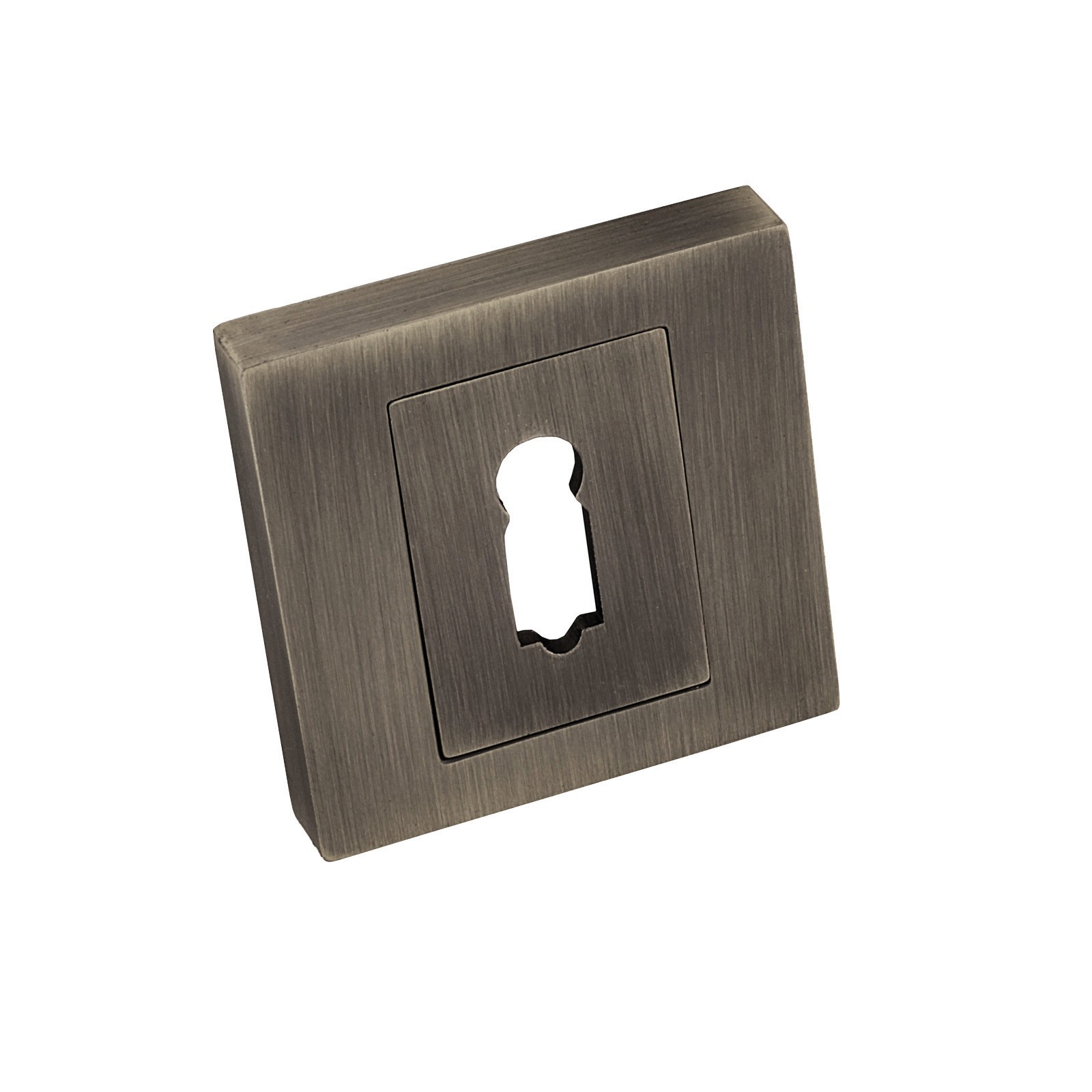 Kwadratowa osłona zamka w kolorze ciemnego metalu z wycięciem w kształcie klucza.