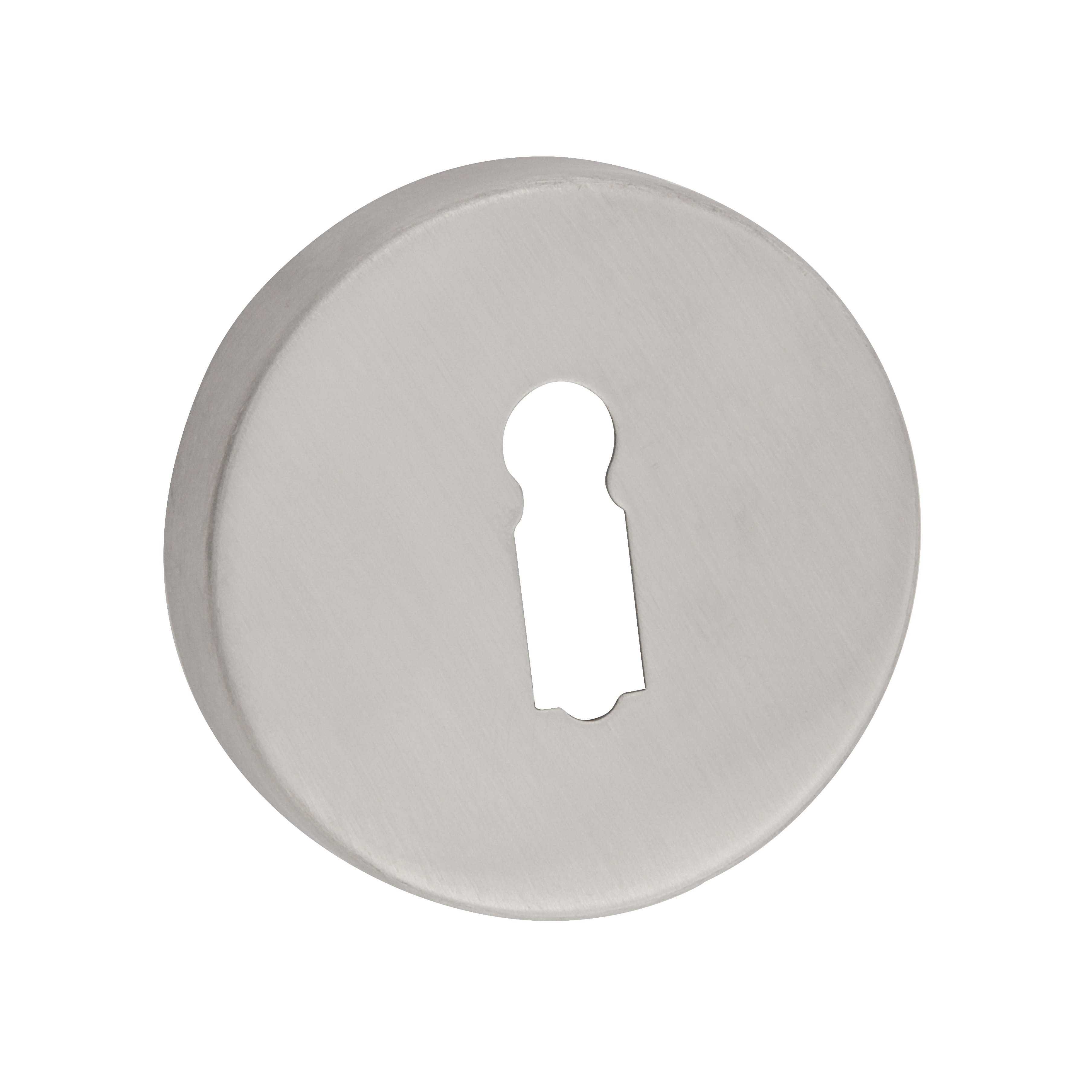 Metalowy wkład zamka w kolorze srebrnym z otworem w kształcie klucza.