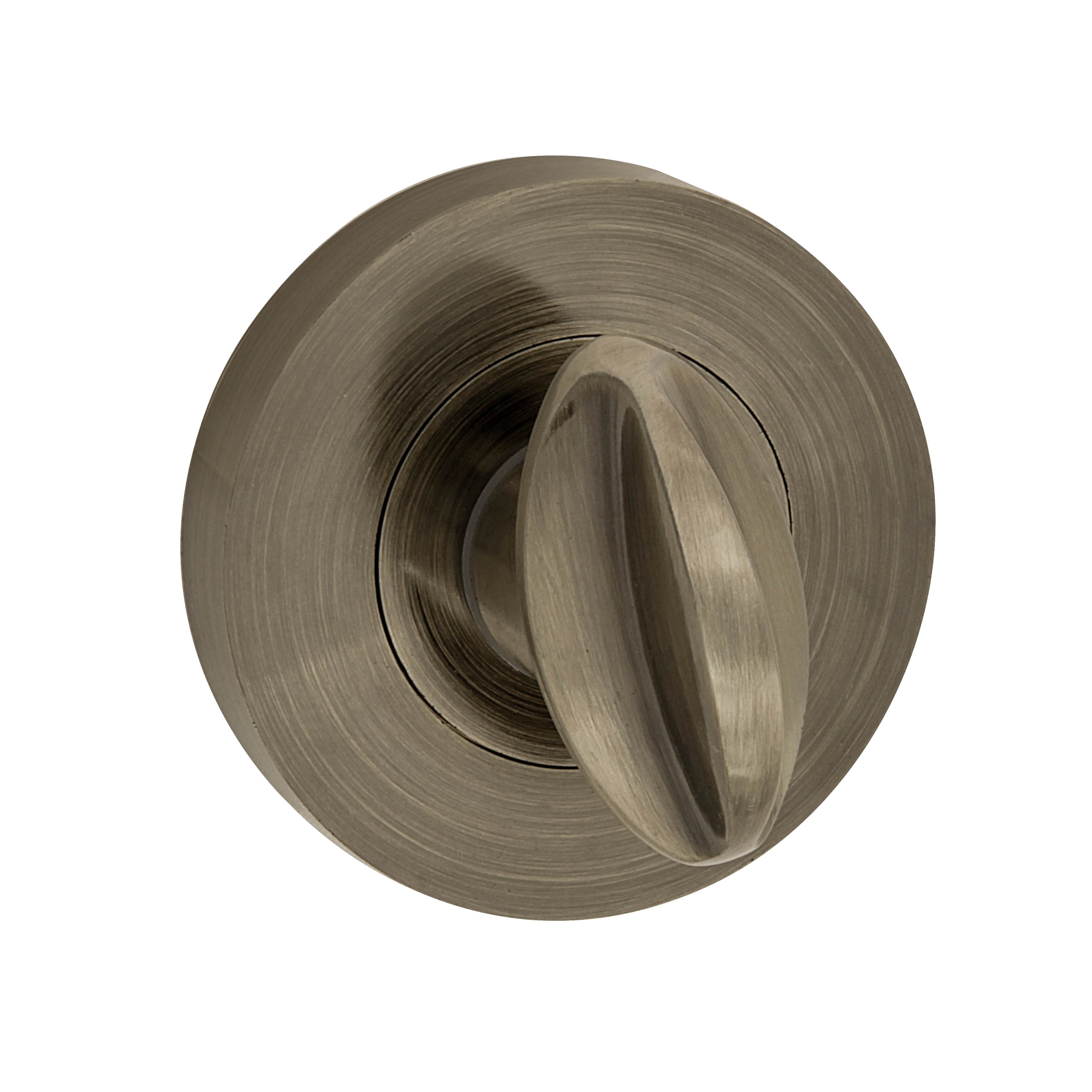 Metalowy gałka drzwiowa w okrągłej obudowie, w odcieniach szarości.