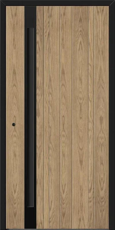 Drzwi zewnętrzne w odcieniu jasnego drewna, z wąskim oknem i czarną ramą.