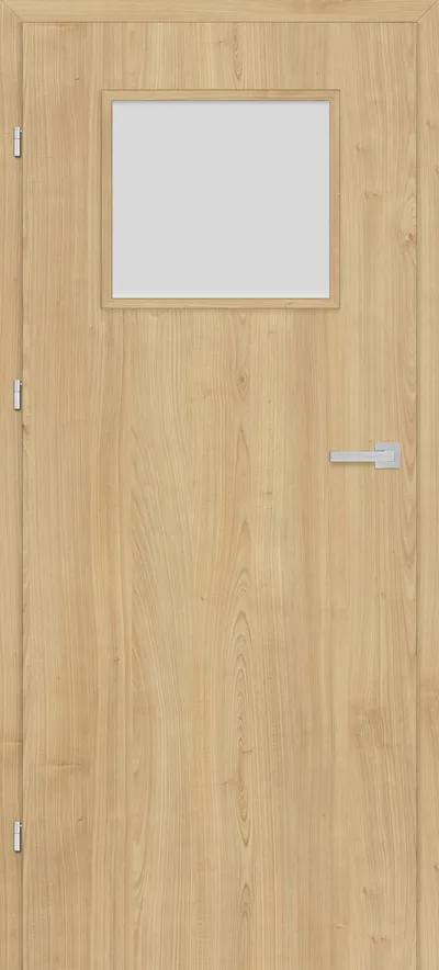 Drzwi w kolorze jasnego drewna z prostokątnym oknem u góry i metalowym uchwytem.