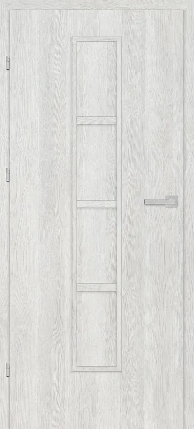 Drzwi w jasnym kolorze drewna z prostokątnym przeszkleniem i nowoczesną klamką.