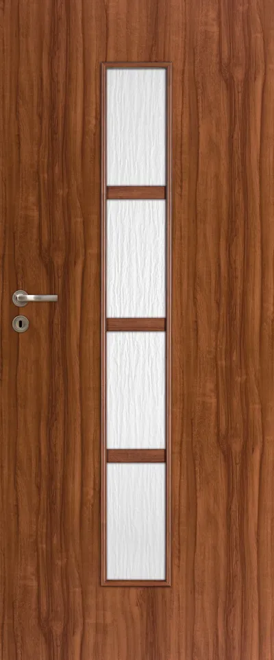 Drzwi w kolorze drewna z prostokątnym przeszkleniem i poziomymi listwami.