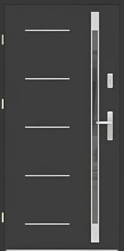 Czarna drzwi z metalowymi uchwytami i szklanym wstawieniem po prawej stronie.