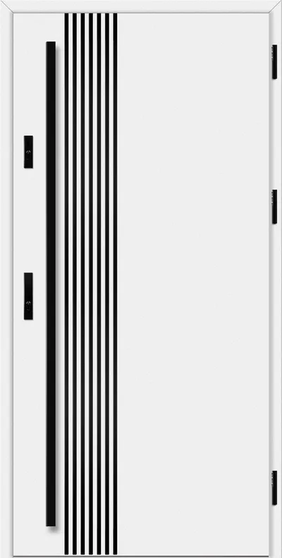 Biała drzwi z czarnymi, poziomymi liniami i uchwytem po lewej stronie.