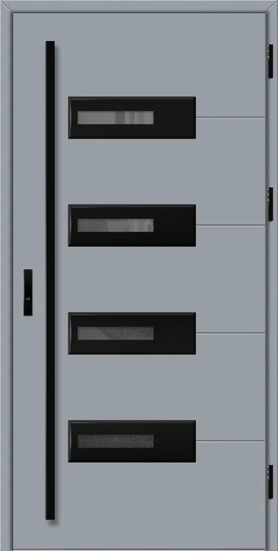 Szara drzwi z czarnymi elementami, w tym prostokątnymi przeszkleniami i nowoczesnym uchwytem.