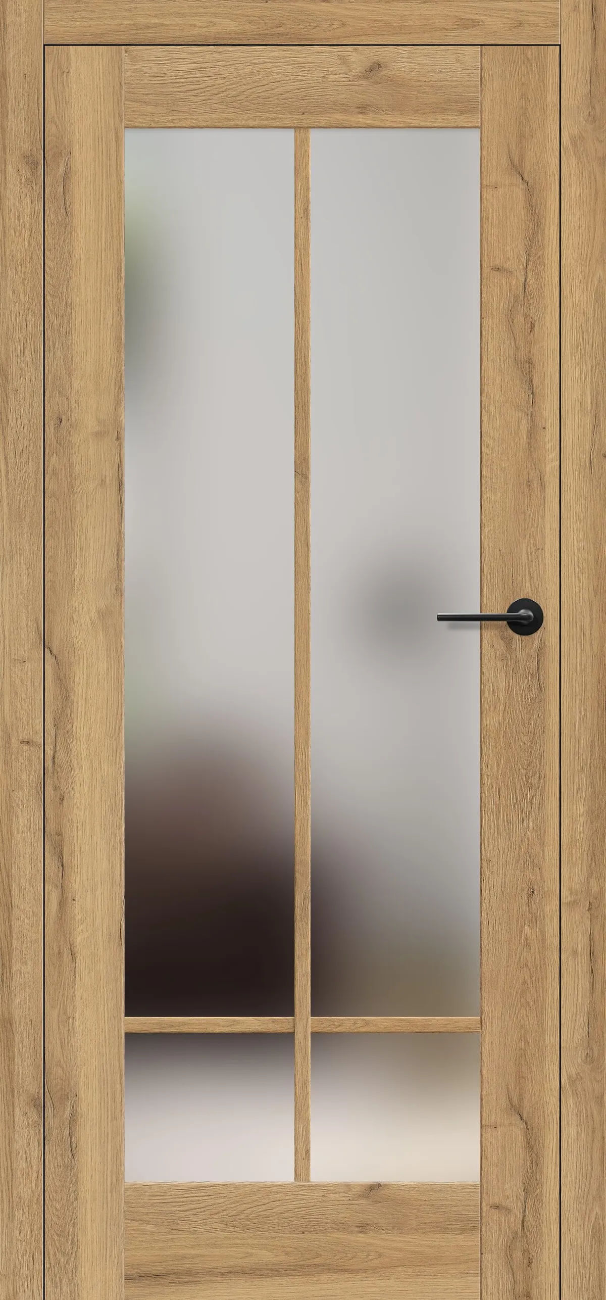 Drzwi w kolorze drewna z matowym szkłem, podzielone na cztery prostokątne panele. Czarny uchwyt po prawej stronie.