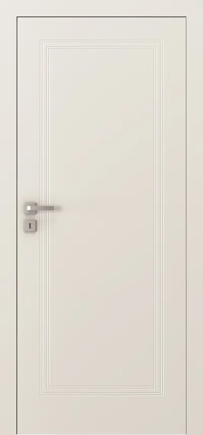 Gładka, biała drzwi z delikatnymi zdobieniami i metalowym uchwytem.