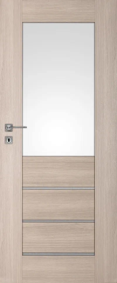 Drzwi w jasnym odcieniu drewna z prostokątnym przeszkleniem i poziomymi liniami na dolnej części.