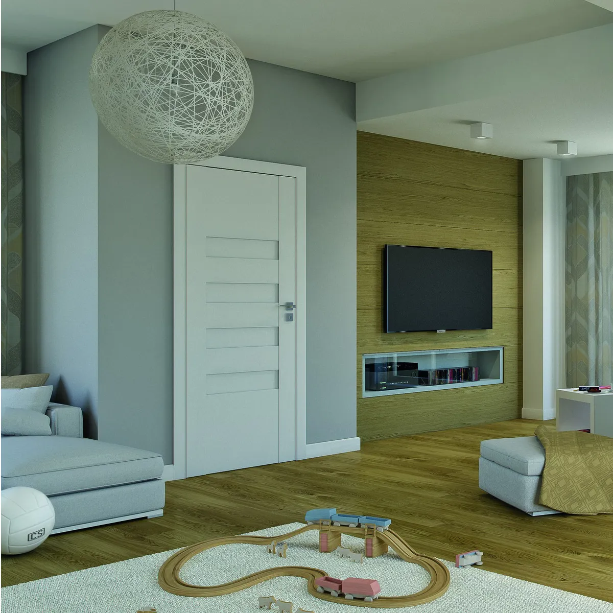 Nowoczesny pokój dzienny z szarymi ścianami, telewizorem, sofą i zabawkami na podłodze.