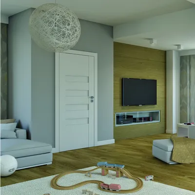 Nowoczesny pokój dzienny z szarymi ścianami, telewizorem, sofą i zabawkami na podłodze.