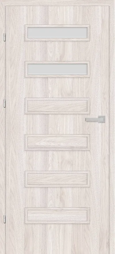 Drzwi w jasnym kolorze drewna z prostokątnymi przeszkleniami i nowoczesnym uchwytem.