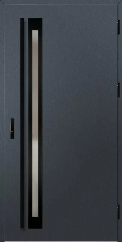 Ciemnoszara drzwi z wąskim oknem i nowoczesnym wzornictwem, zamontowane na metalowej ramie.