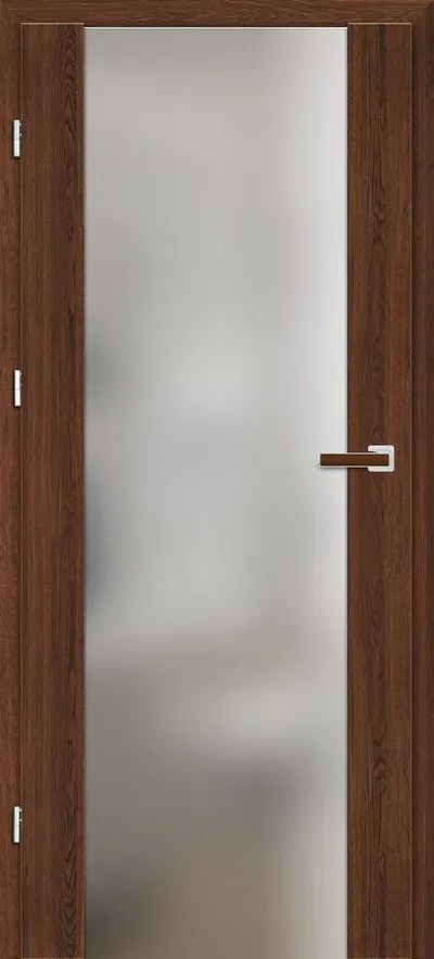 Skrzydło drzwiowe w kolorze ciemnego drewna z matowym przeszkleniem i nowoczesnym uchwytem.