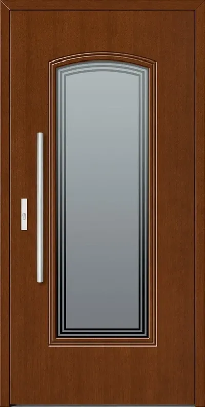 Brązowe drzwi z dużym, prostokątnym oknem i metalowym uchwytem.