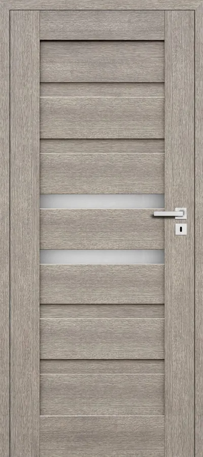 Szara, nowoczesna drzwi z poziomymi panelami i przeszkleniem, z metalowym uchwytem i zamkiem.