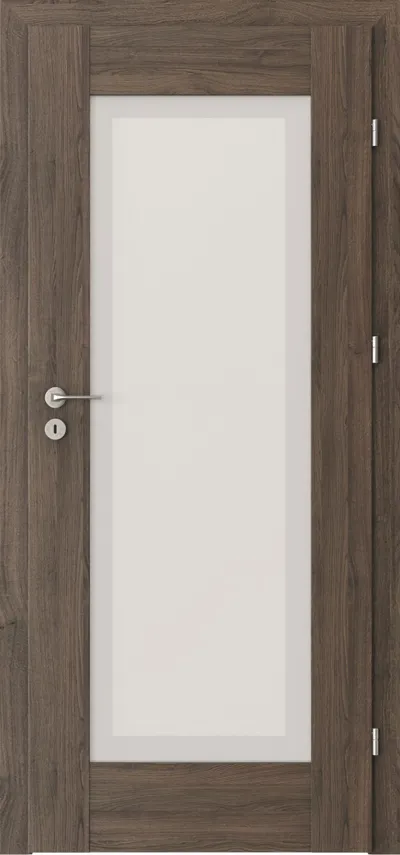 Drzwi w kolorze ciemnego drewna z białą szybą w centralnej części i metalowym uchwytem.