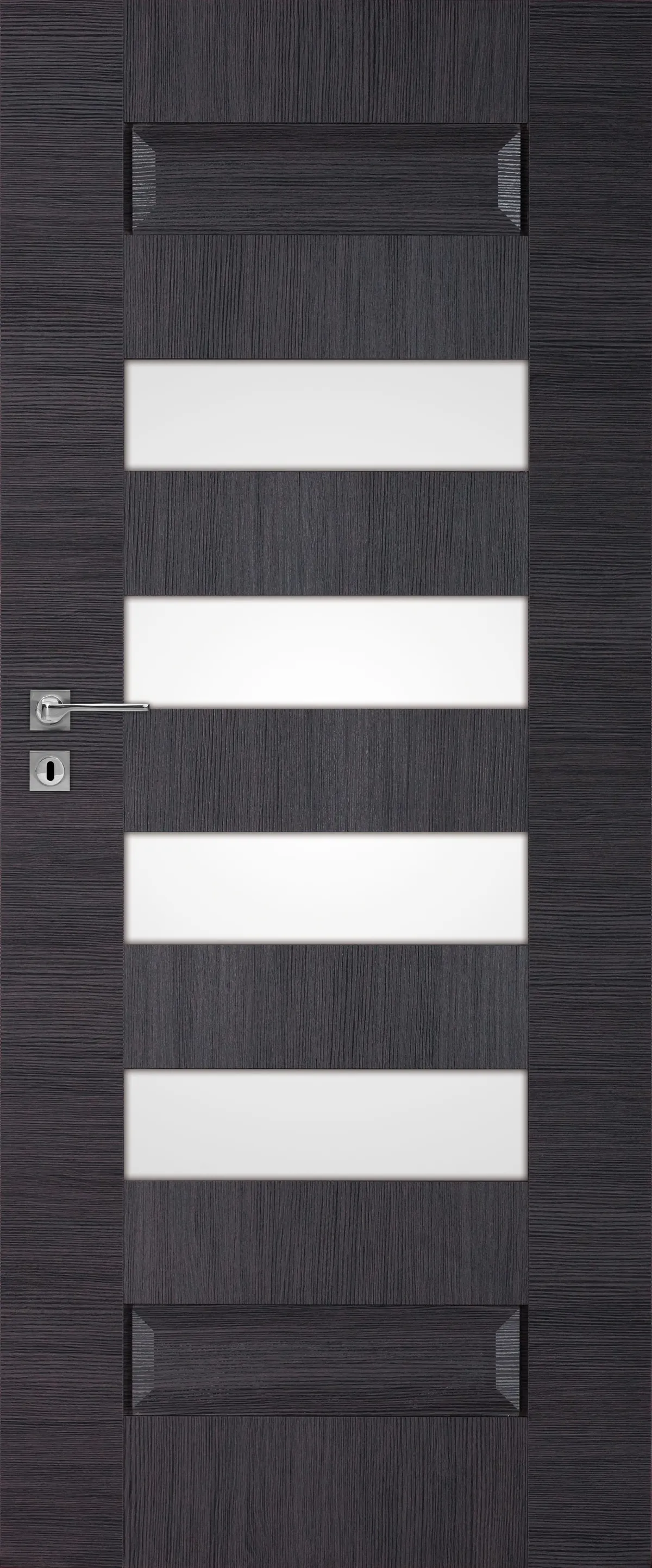 Ciemnoszara drzwi z trzema poziomymi przeszkleniami, z metalowym uchwytem i zamkiem.